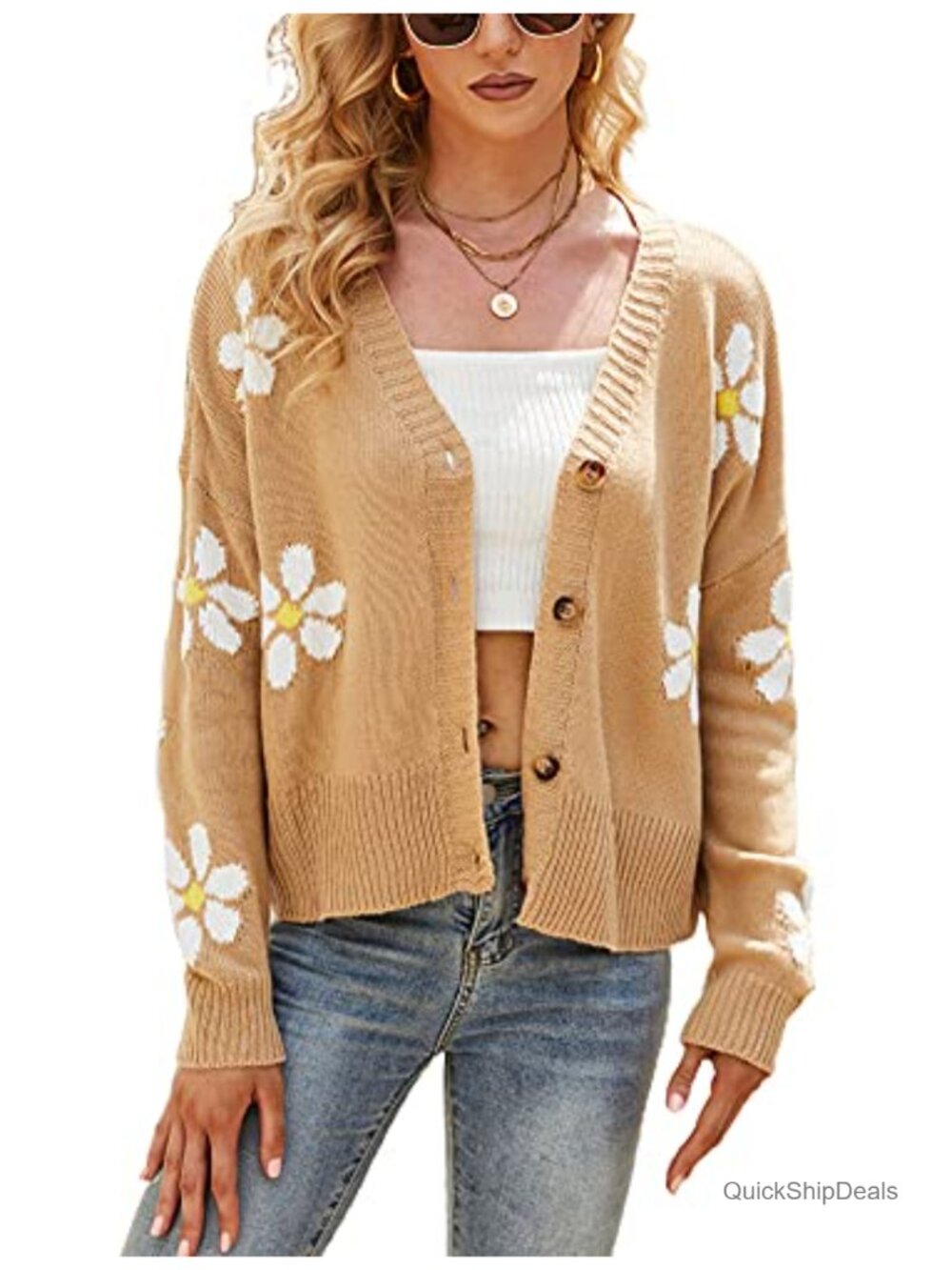 Daisy Button Jacquard Knit Cardigan Sweater Jacket V-Neck Loose Fit